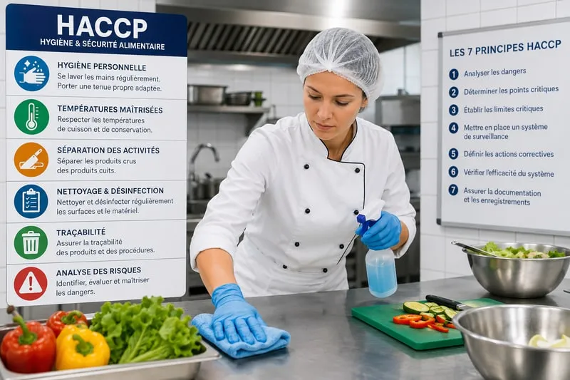 Une professionnelle en cuisine collective devant les principes affichés.