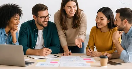 Une équipe réunie autour d’une table de travail.